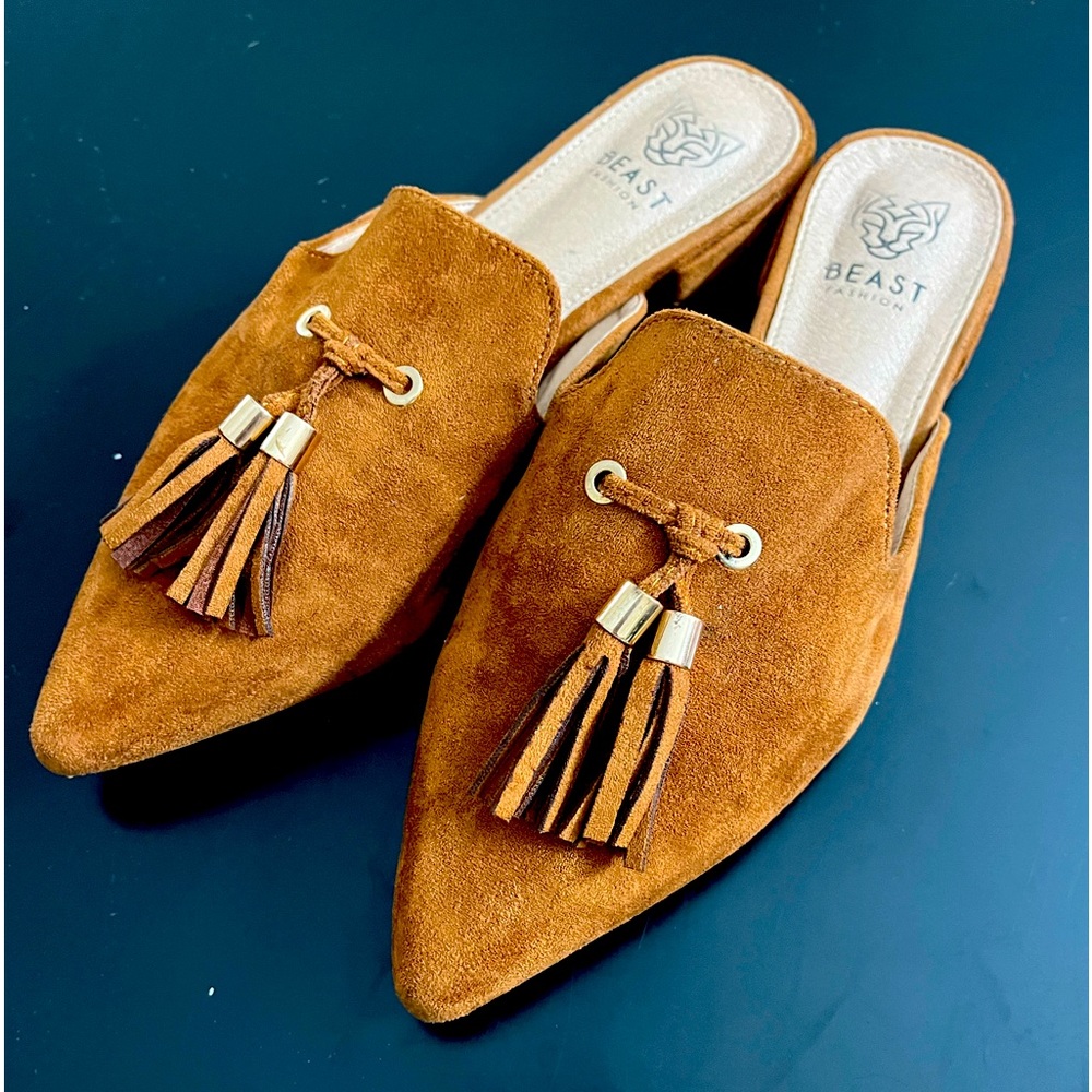 Suede Pointed Toe Slip On Tassels Flat Loafer Mules